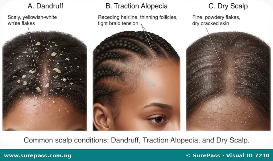Illustration of dandruff, traction alopecia, and dry scalp conditions.