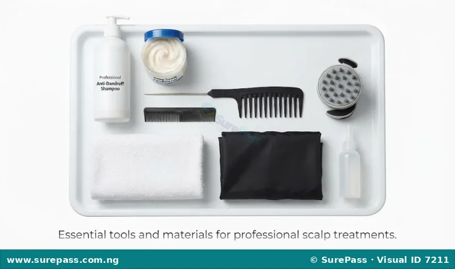 Cosmetology tools and materials for scalp treatment.