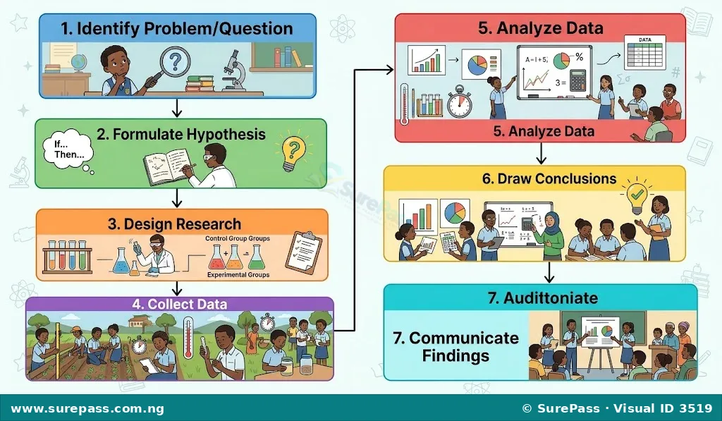 Flowchart showing the seven steps of scientific research: Identify Problem/Question, Formulate Hypothesis, Design Research, Collect Data, Analyze Data, Draw Conclusions, Communicate Findings.