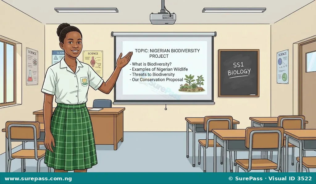 An SS1 student confidently presenting a project report in a classroom, using clear body language and a visual aid.