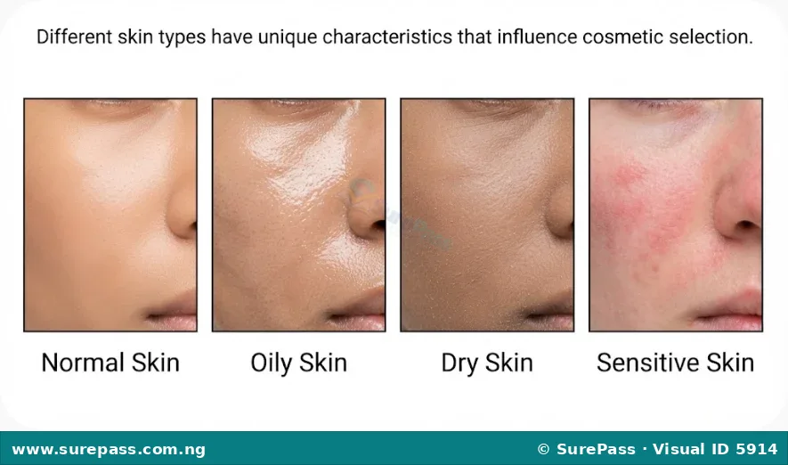 Four close-up images of skin textures labelled Normal, Oily, Dry, and Sensitive.