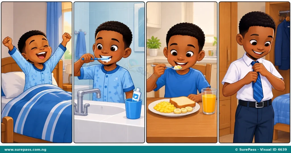 A comic strip showing a child's morning routine in four steps - waking up, brushing teeth, eating breakfast, and putting on uniform.
