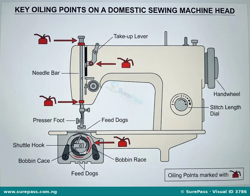 Schematic diagram showing oiling points on a sewing machine.