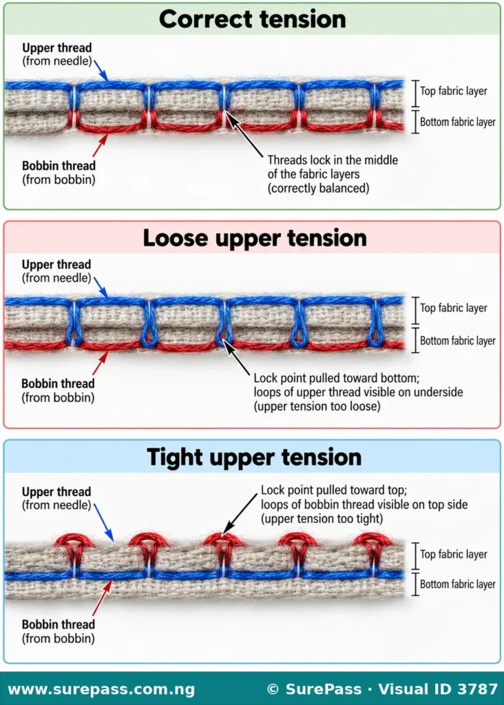Comparison of correct and incorrect stitch tension.