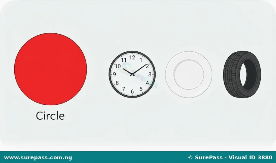 A red circle next to images of a clock, a plate, and a car tyre.