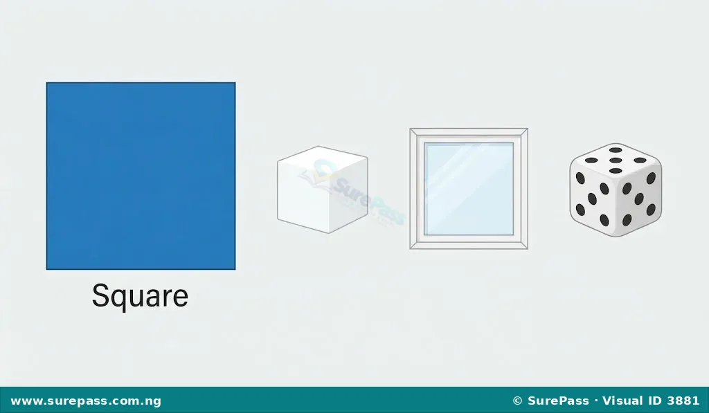 A blue square next to images of a sugar cube, a window pane, and a dice.
