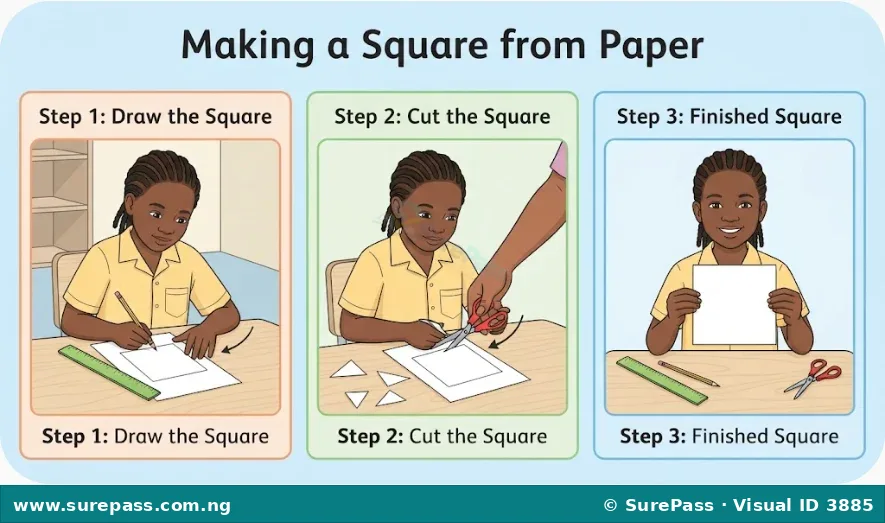A three-step visual showing how to cut a paper square.