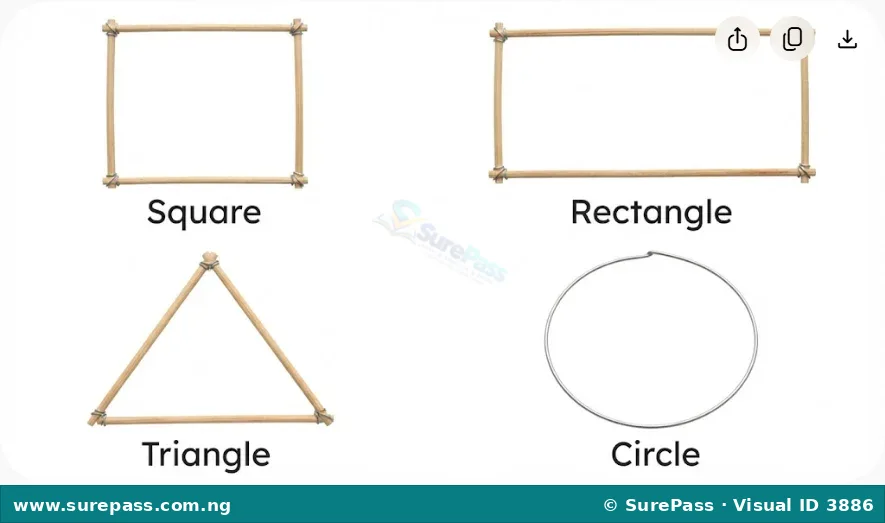 Examples of a square, rectangle, triangle, and circle made from sticks and wire.