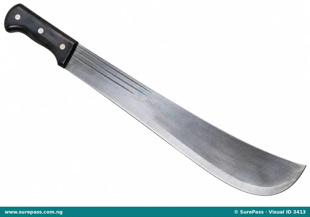 A cutlass with a dark handle and a long, shiny metal blade.