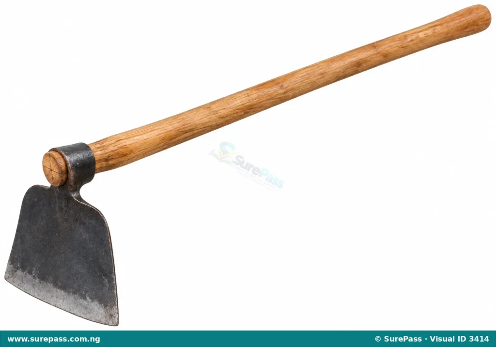 A hoe with a long wooden handle and a flat, rectangular metal blade.