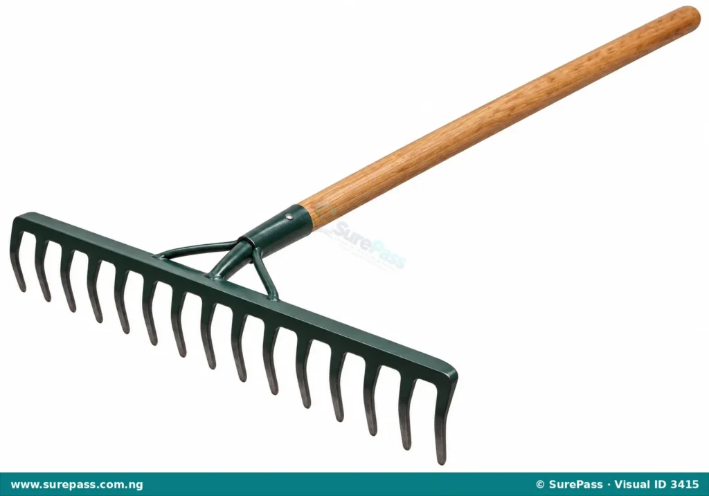 A garden rake with a long handle and a wide head with metal tines.