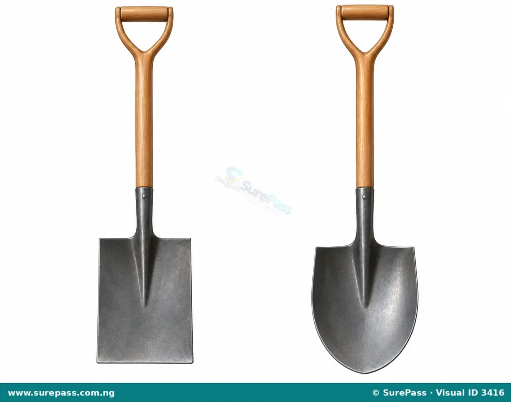 A spade with a flat blade and a shovel with a scooped blade.