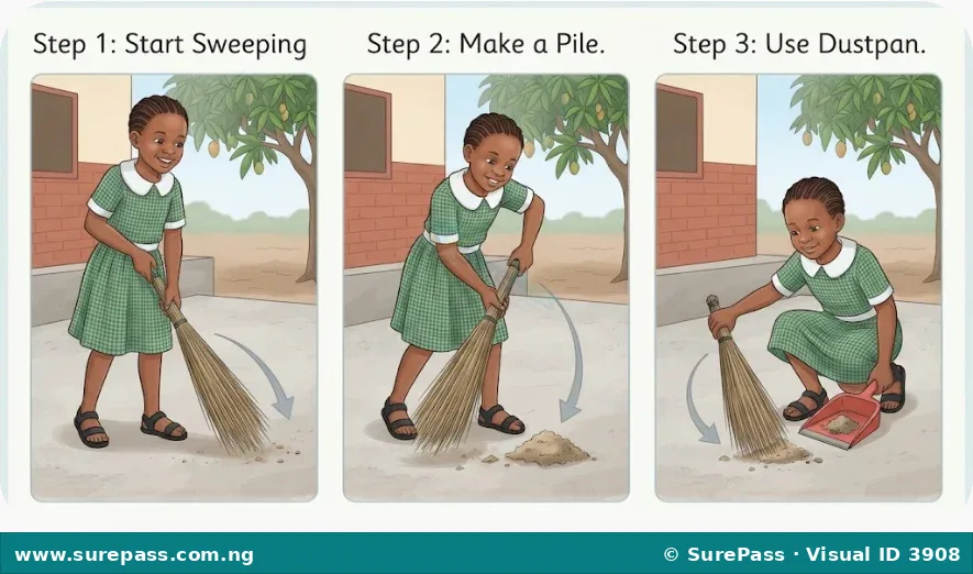 A child demonstrating how to sweep with a broom. First, holding the broom. Second, sweeping dirt into a pile. Third, sweeping the pile into a dustpan.