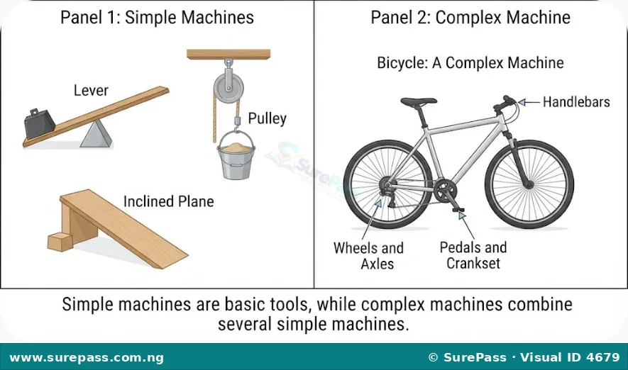 Comparison of simple machines (lever, pulley) and a complex machine (bicycle).