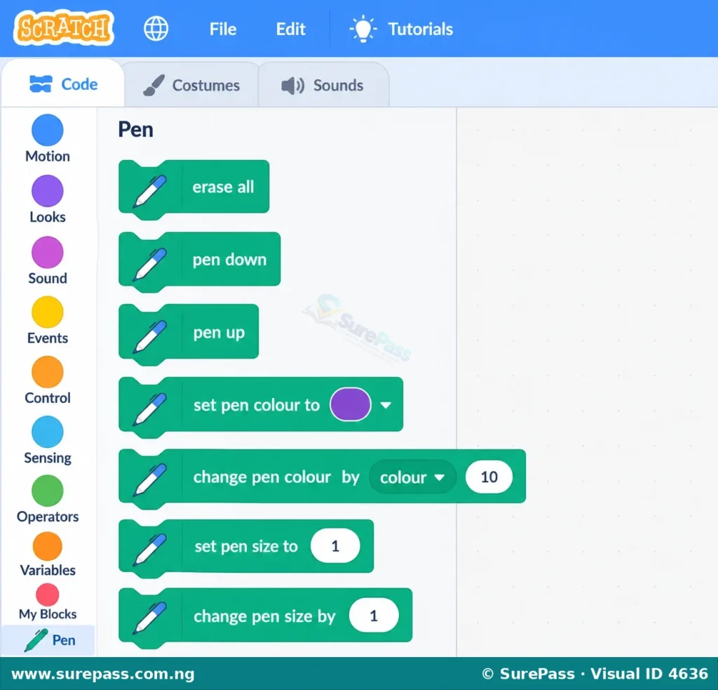 Screenshot of the Scratch Pen blocks palette showing various pen control blocks.