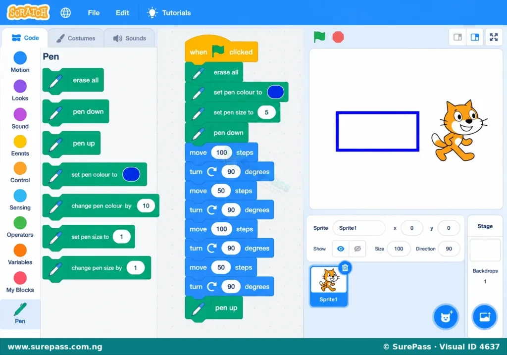 Scratch code to draw a rectangle using Pen blocks.