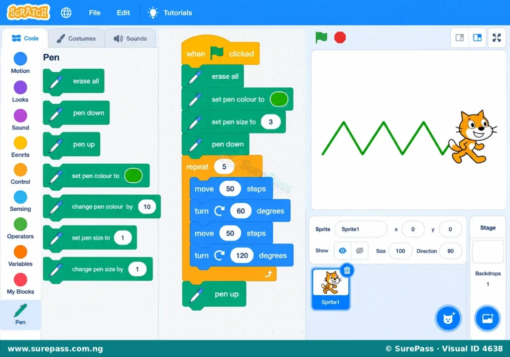 Scratch code to draw a zig-zag pattern using Pen blocks.