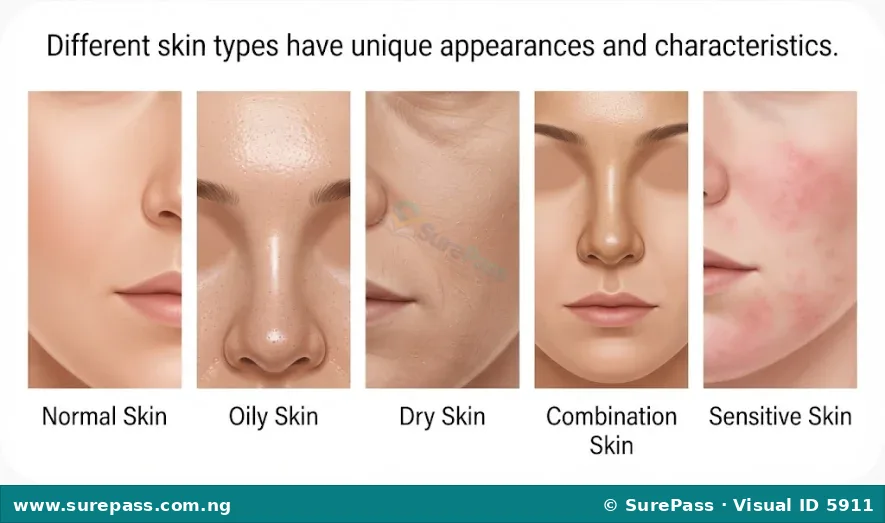 A collage showing close-up images of five different skin types: normal, oily, dry, combination, and sensitive, each with their characteristic appearance.