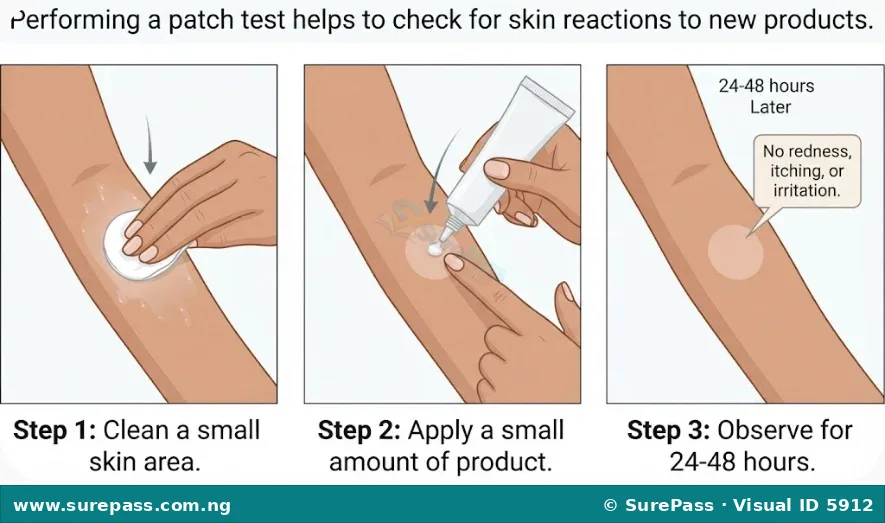 A three-step visual guide showing how to perform a patch test: first, cleaning a small area of skin on the forearm; second, applying a tiny amount of product to that area; and third, observing the area for 24-48 hours for any signs of irritation.