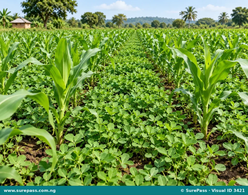 A field with cover crops growing, protecting the soil.