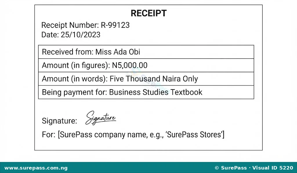 A sample cash receipt showing the amount received, who paid, and the reason for payment.