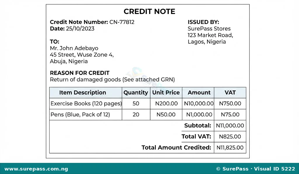 A sample credit note showing a reduction in the amount owed by a buyer due to returned goods.