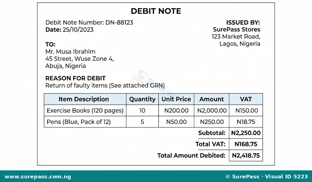 A sample debit note, which can be used by a buyer to request a credit or by a seller to correct an undercharge.