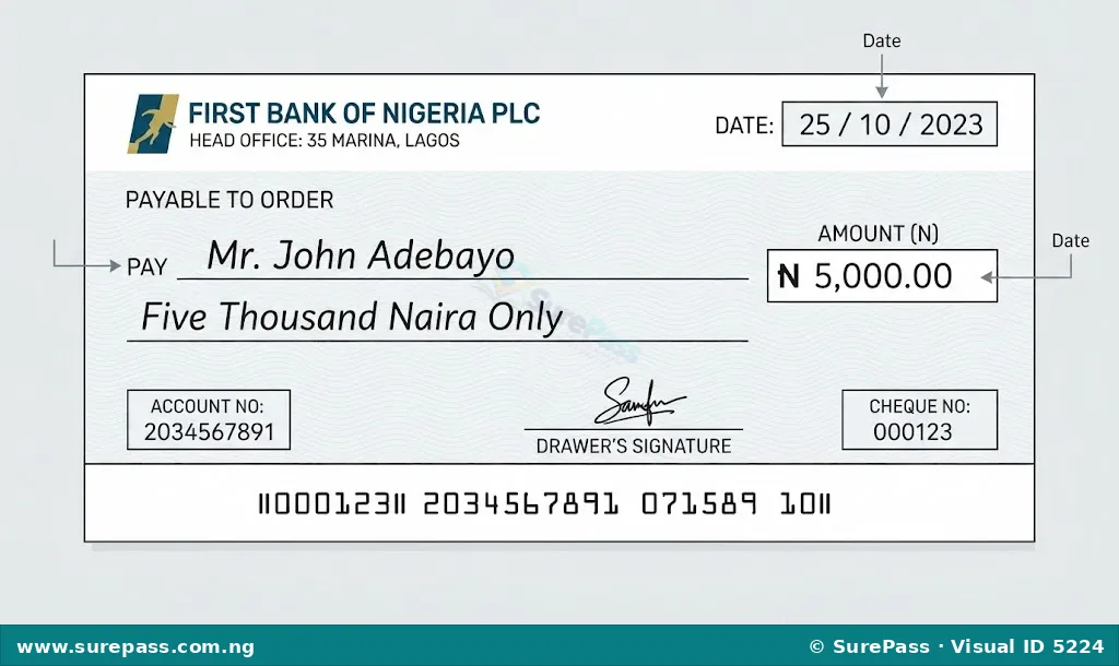 A sample Nigerian cheque showing the bank name, date, payee line, amount in figures and words, and signature line.