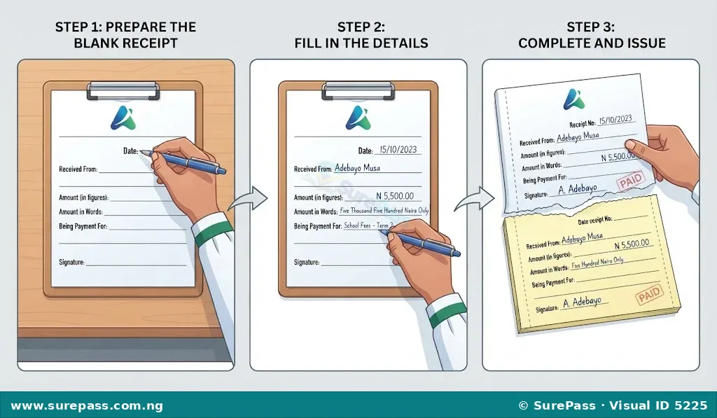 A three-step visual guide on how to fill out a receipt, from blank form to completed and issued.