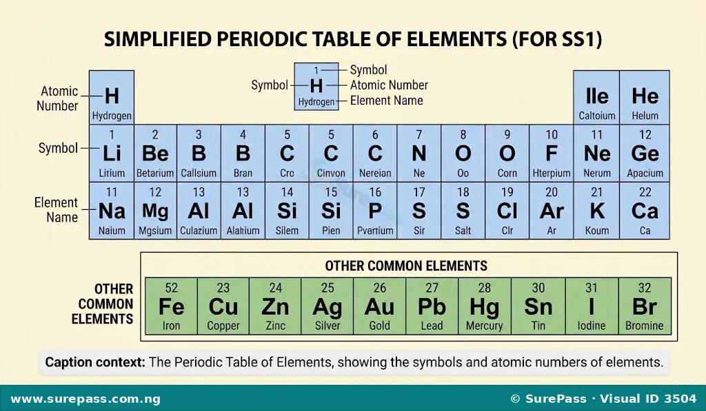 A simplified Periodic Table showing elements, their symbols, and atomic numbers. The first 20 elements are highlighted, along with other common elements like Iron and Copper.