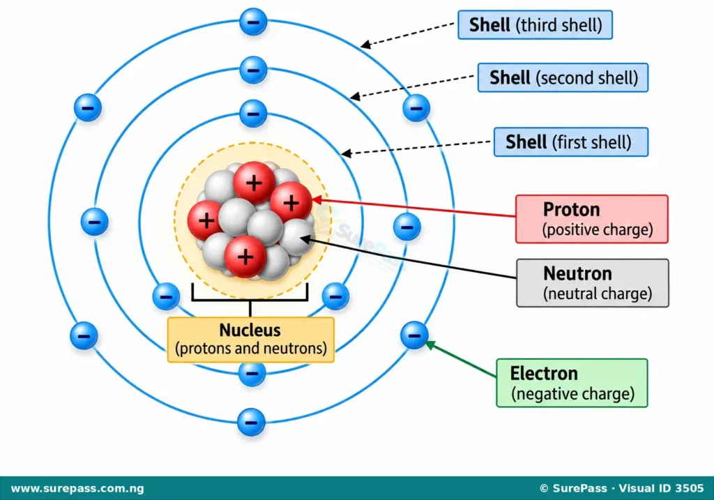 A diagram of an atom with a central nucleus containing protons and neutrons, and electrons orbiting in shells.