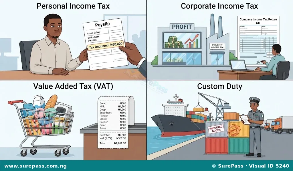 Examples of tax types including personal income tax, corporate income tax, value added tax, and custom duty.