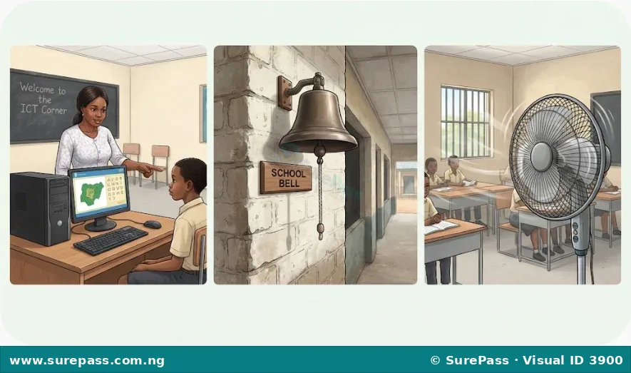 A collection of school items including a computer, a school bell, and a fan.
