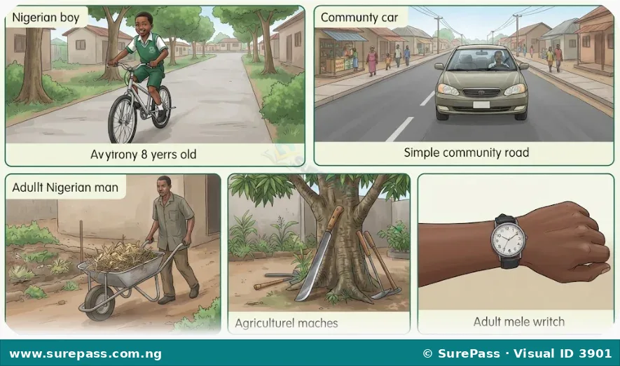 A collection of community items including a bicycle, a car, a wheelbarrow, a cutlass, and a wrist watch.