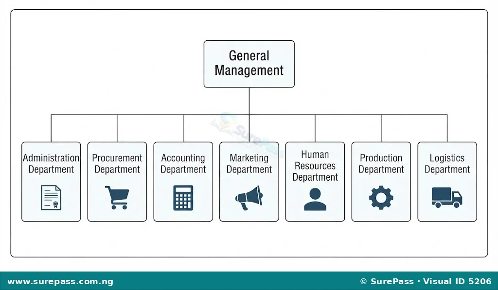 Diagram showing an organisation with departments for Administration, Procurement, Accounting, Marketing, Human Resources, Production, and Logistics.