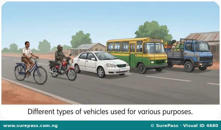 Illustration showing a bicycle, motorcycle, car, bus, and truck.