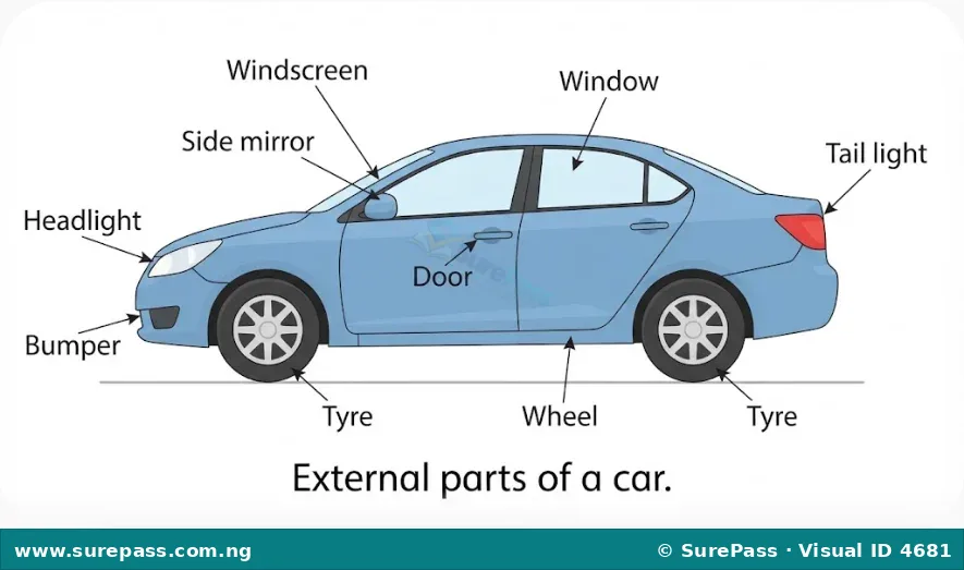 Diagram of a car with its external parts labelled.