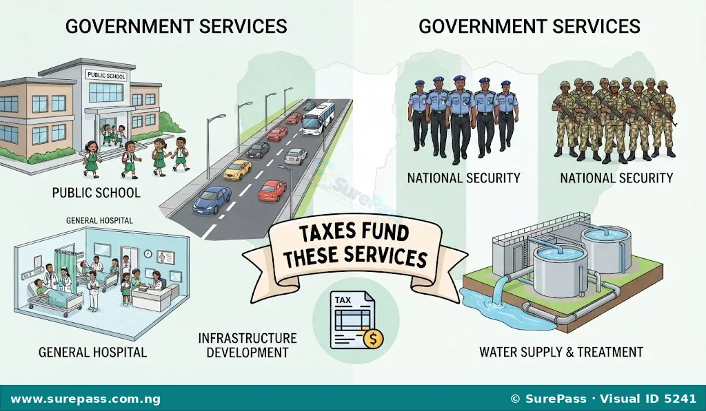 Illustration showing a school, hospital, road, security personnel, and water plant, all labelled as government services funded by taxes.
