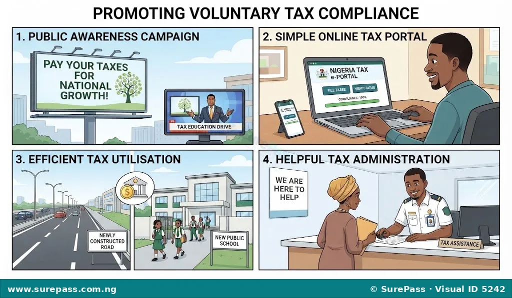 Four panels illustrating tax promotion: awareness campaign, simple online tax payment, well-maintained public infrastructure, and helpful tax administration.