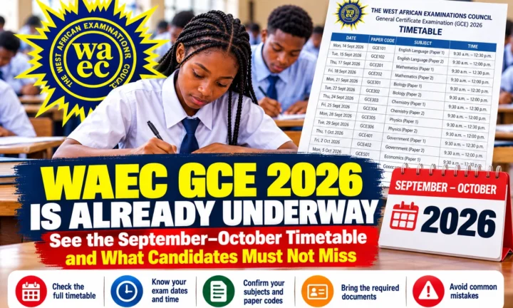 WAEC GCE 2026 Is Already Underway — See the September–October Timetable and What Candidates Must Not Miss