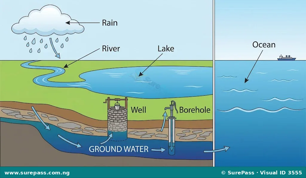 Diagram illustrating different sources of water including rain, rivers, lakes, wells, boreholes, and oceans.