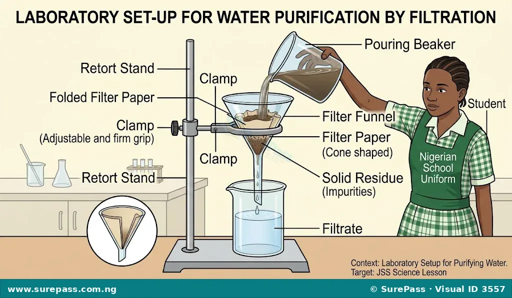 Diagram showing a filtration setup in a laboratory, with muddy water being filtered through filter paper in a funnel, collecting clear filtrate in a beaker.