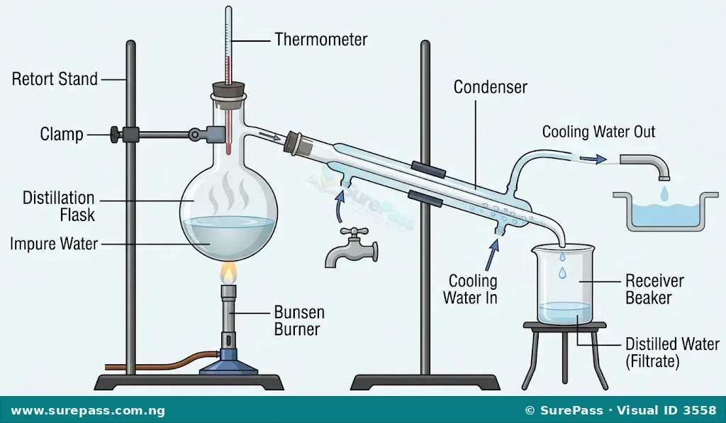 Diagram showing a simple distillation apparatus, with a flask being heated, steam condensing in a Liebig condenser, and pure water collected in a receiver.