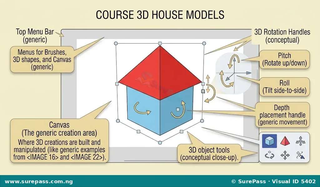 A 3D house model in Paint 3D made of a cube and a pyramid, showing the 3D rotation handles around it.