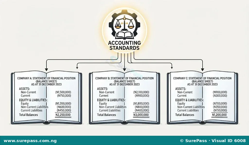 Illustration showing three identical-looking financial reports from different companies, all following a consistent format, with a symbol of 'Accounting Standards' overseeing them.