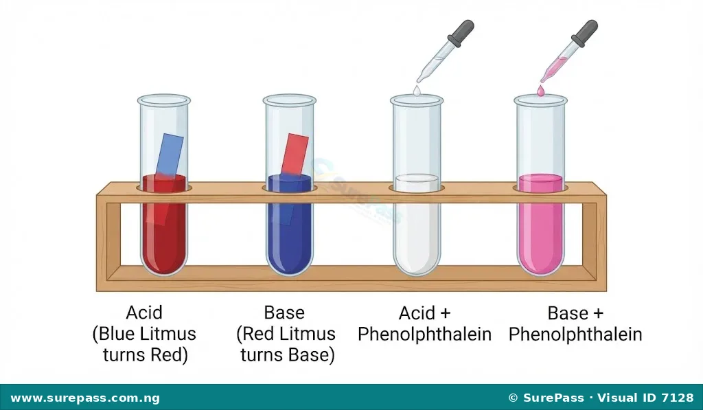 Diagram showing litmus paper turning red in acid and blue in base, and phenolphthalein being colourless in acid and pink in base.