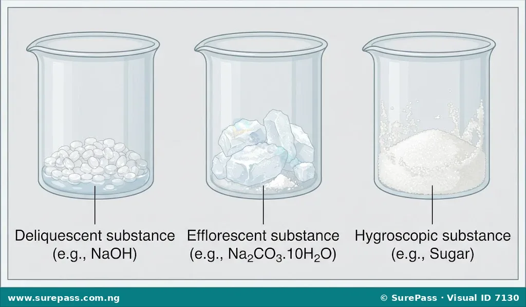 Diagram showing examples of deliquescent, efflorescent, and hygroscopic substances and their appearance after exposure to air.