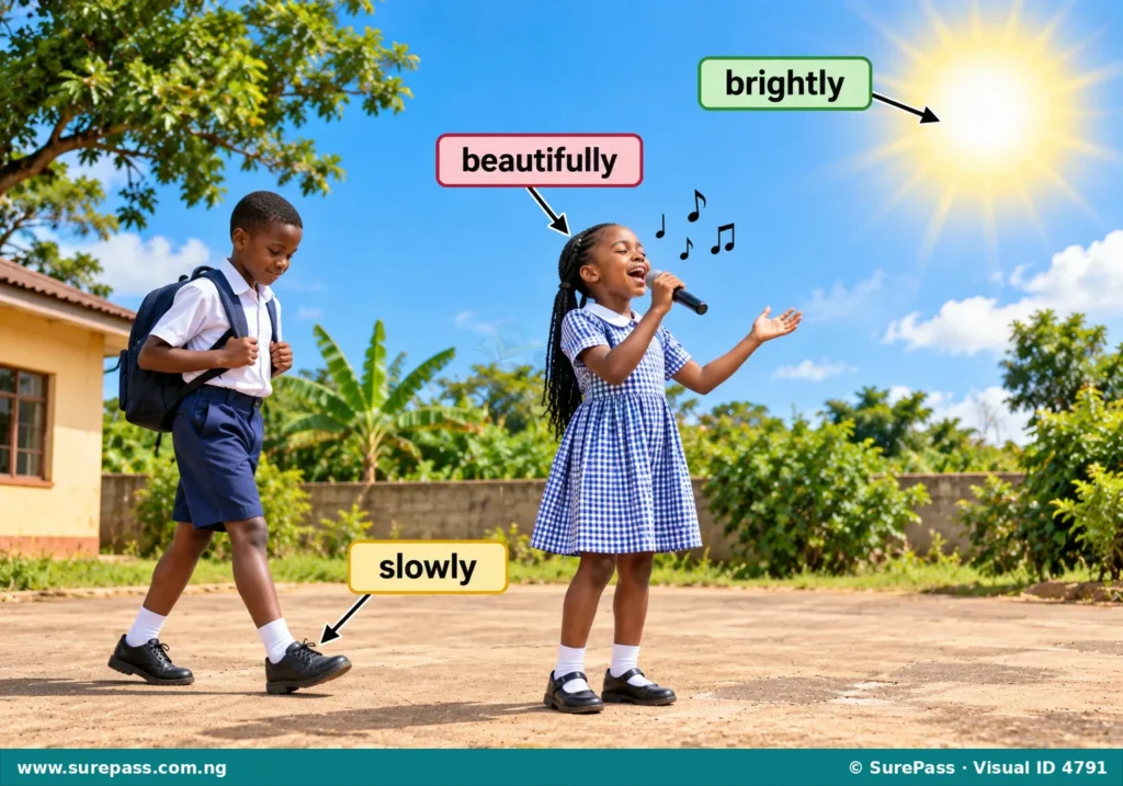 Illustration of a boy walking slowly, a girl singing beautifully, and the sun shining brightly, with labels indicating adverbs.