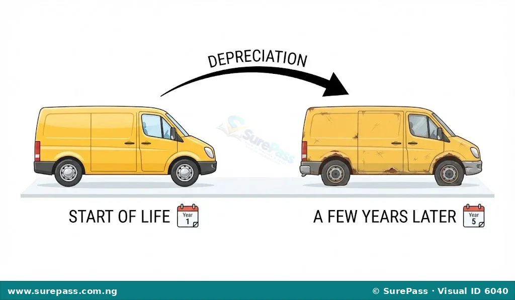 Illustration showing a new delivery van and a worn-out delivery van, representing depreciation.