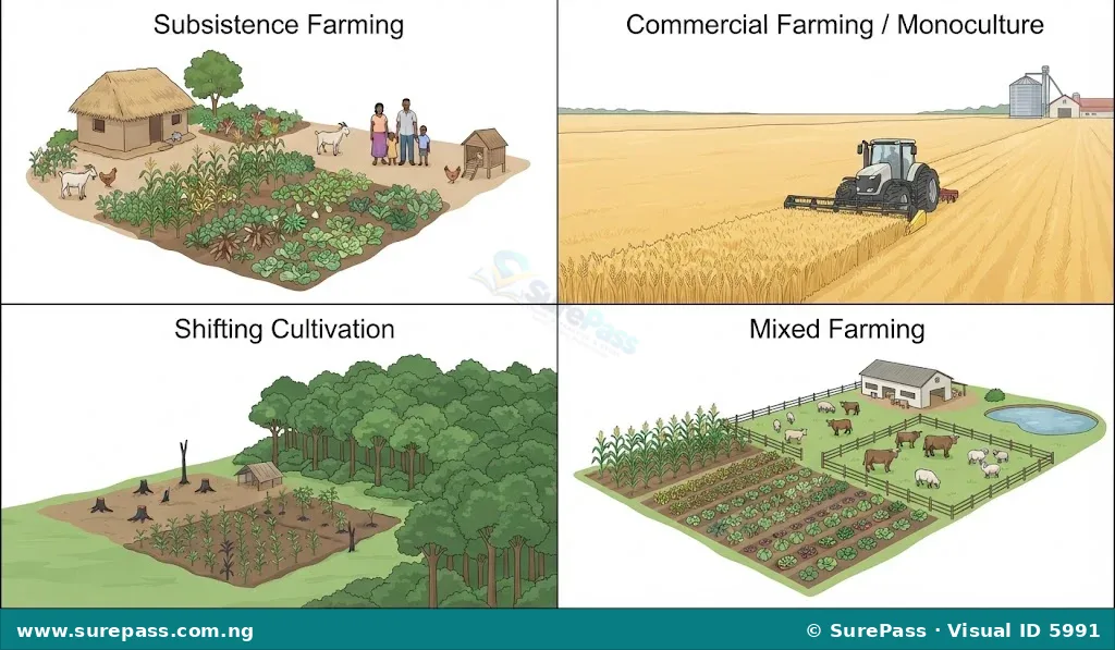 An illustration depicting various agricultural practices, including a small subsistence farm, a large commercial farm with a tractor, a shifting cultivation plot, and a mixed farm with both crops and animals.